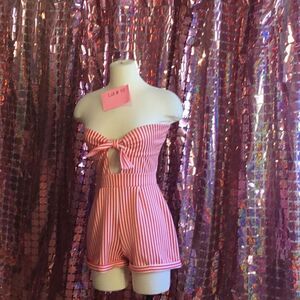 Candy cane striped shorts romper with tie front